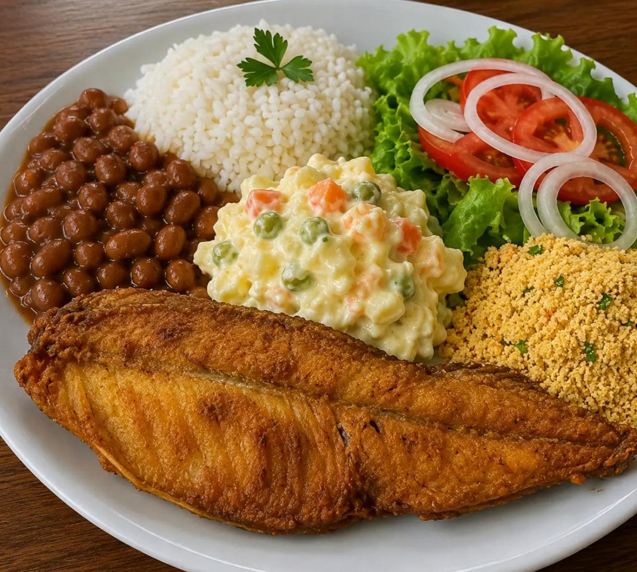 Arroz, feijão, maionese, salada, peixe frito, farinha temperada